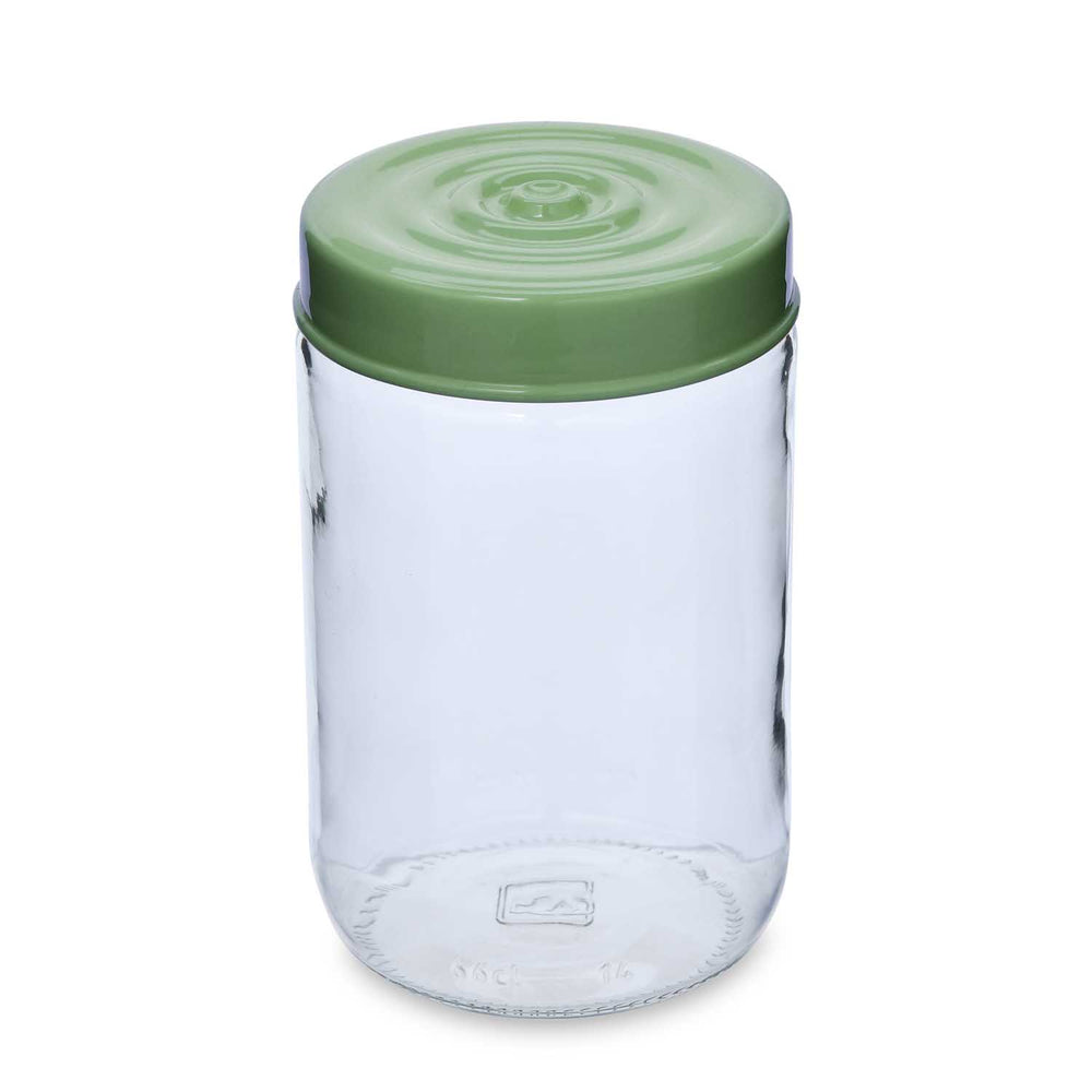 Multipurpose 660 ml Glass Cannister with Lid- Transparent & Green
