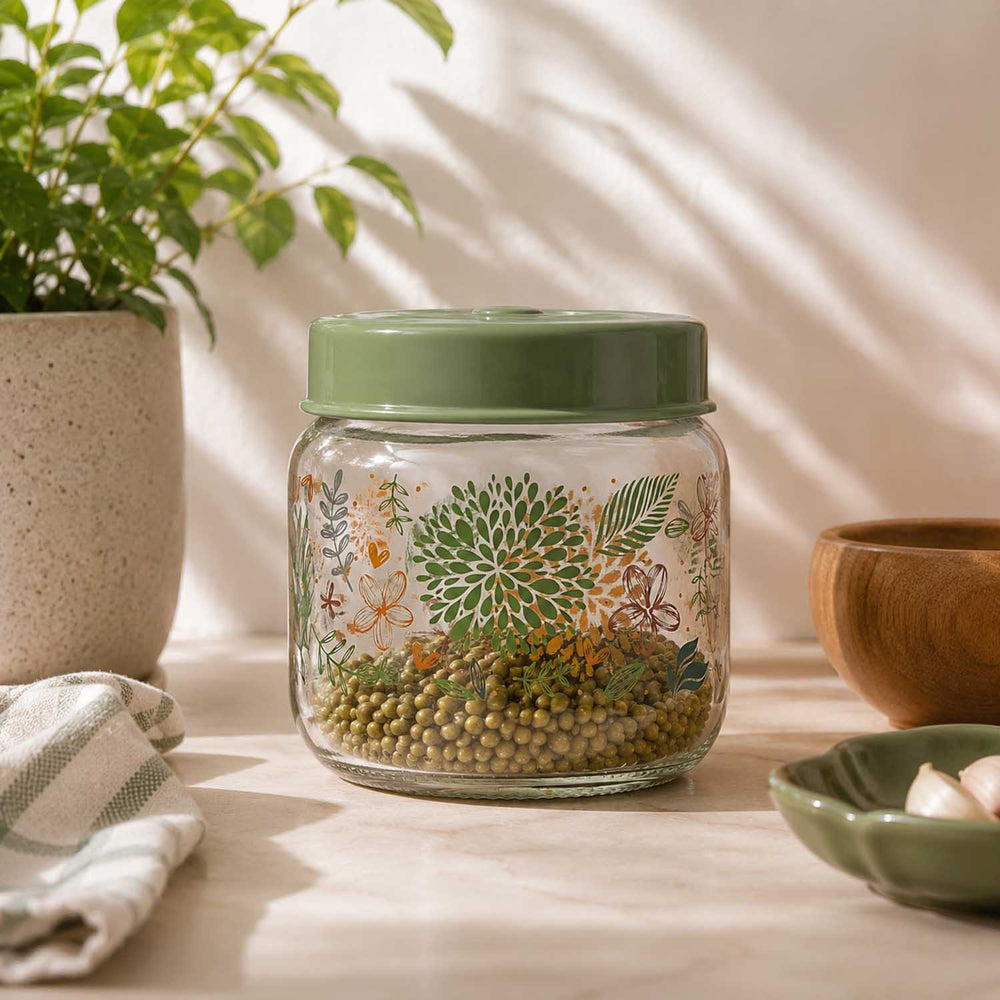 Botanical Print 425 ml Glass Cannister with Lid- Green