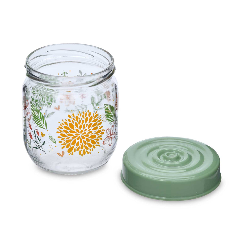 Botanical Print 425 ml Glass Cannister with Lid- Green