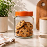 Multipurpose 425 ml Glass Cannister with Lid- Transparent & Orange