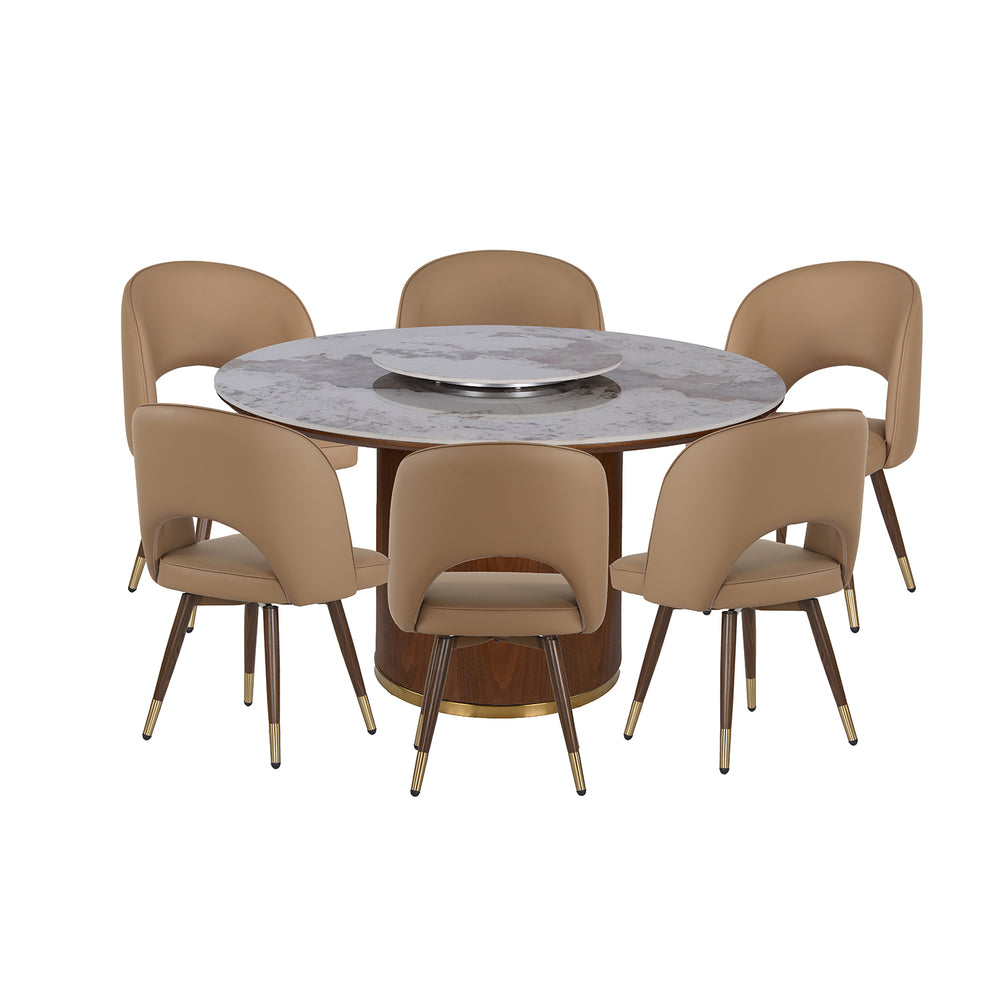 Empera 6 Seater Round Dining Set- Beige & Walnut