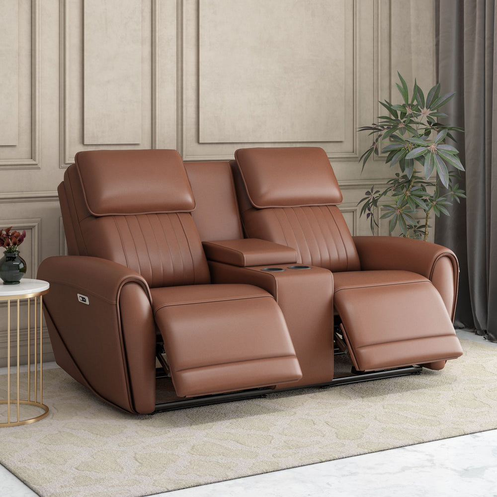 Earthyn 2 Seater Electric Recliner with Console- Chestnut Brown