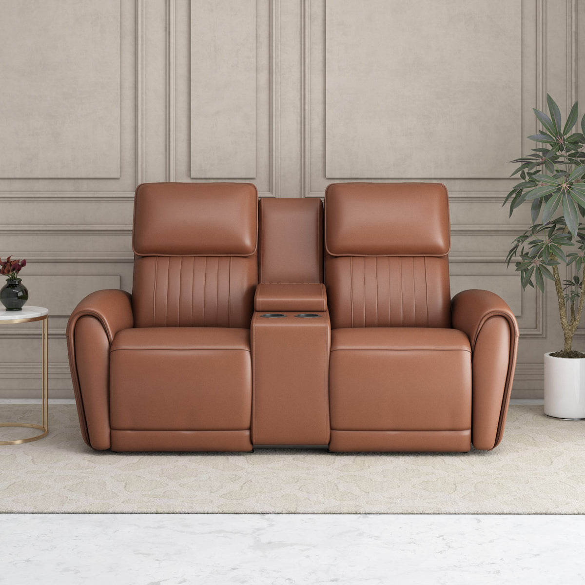 Earthyn 2 Seater Electric Recliner with Console- Chestnut Brown