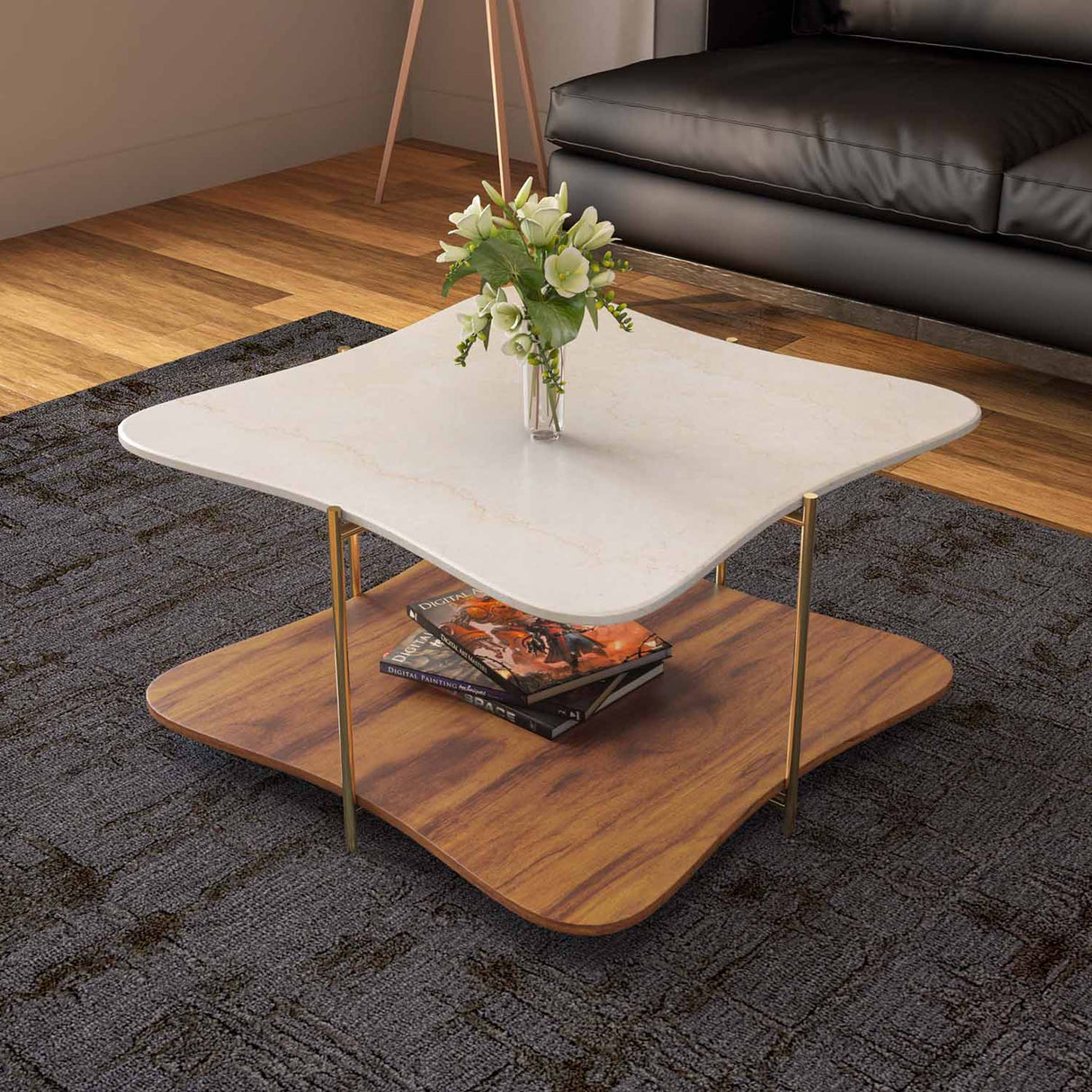 Nilkamal Ellon Ceramic Top With Wooden Shelf Center Table (Gold)
