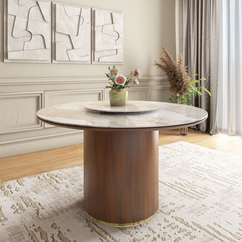 Empera 6 Seater Sintered Top Round Dining Table- Beige & Walnut