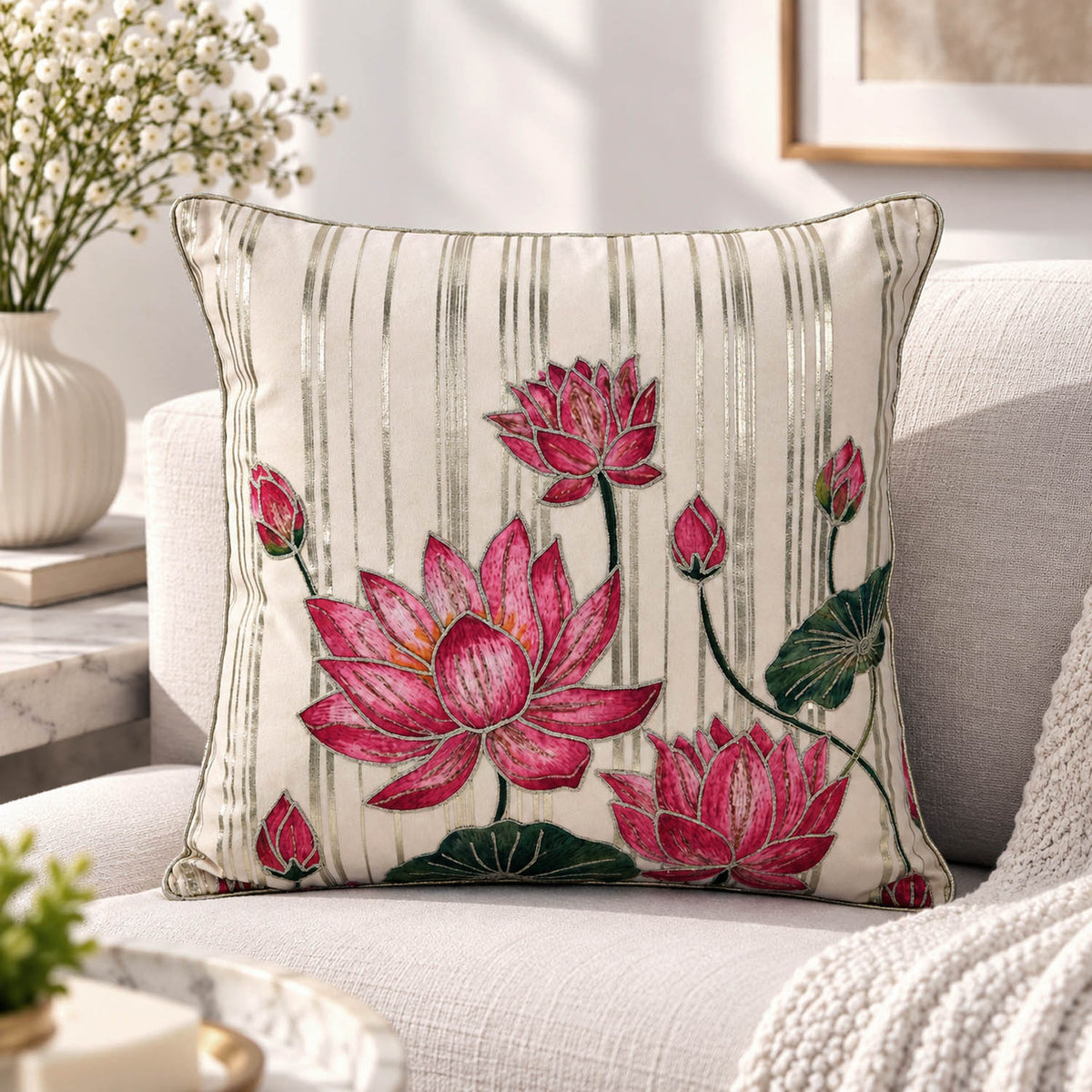 Madhuban Golden Strips 16" x 16" Cushion Cover- Cream
