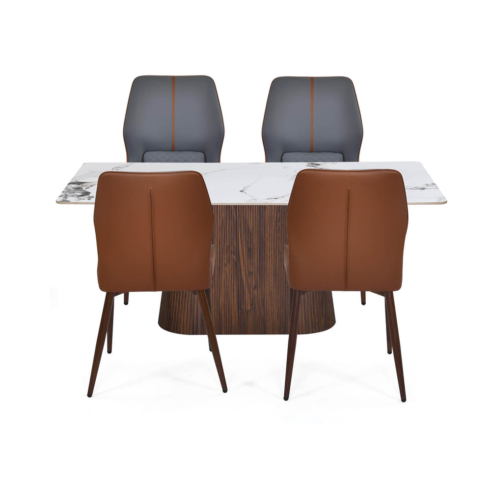 4 Seater Alune Ceramic Dining Set with Flinda Base and Ellipse Chairs- Ash White