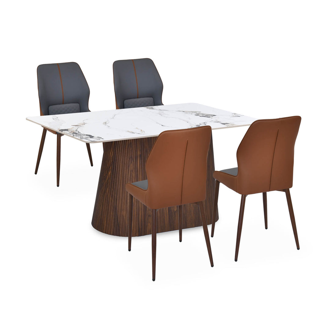 4 Seater Alune Ceramic Dining Set with Flinda Base and Ellipse Chairs- Ash White