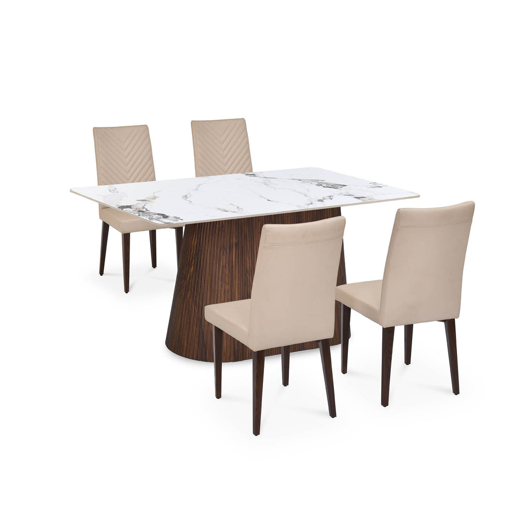 4 Seater Alune Ceramic Dining Set with Flinda Base and Linzy Chairs- Ash White