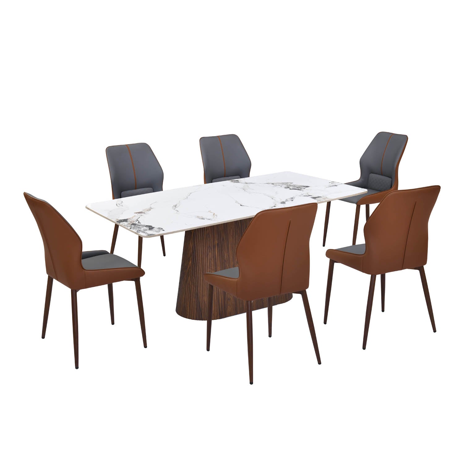 6 Seater Allune Ceramic Dining Set with Flinda Base and Ellipse Chairs- Ash White