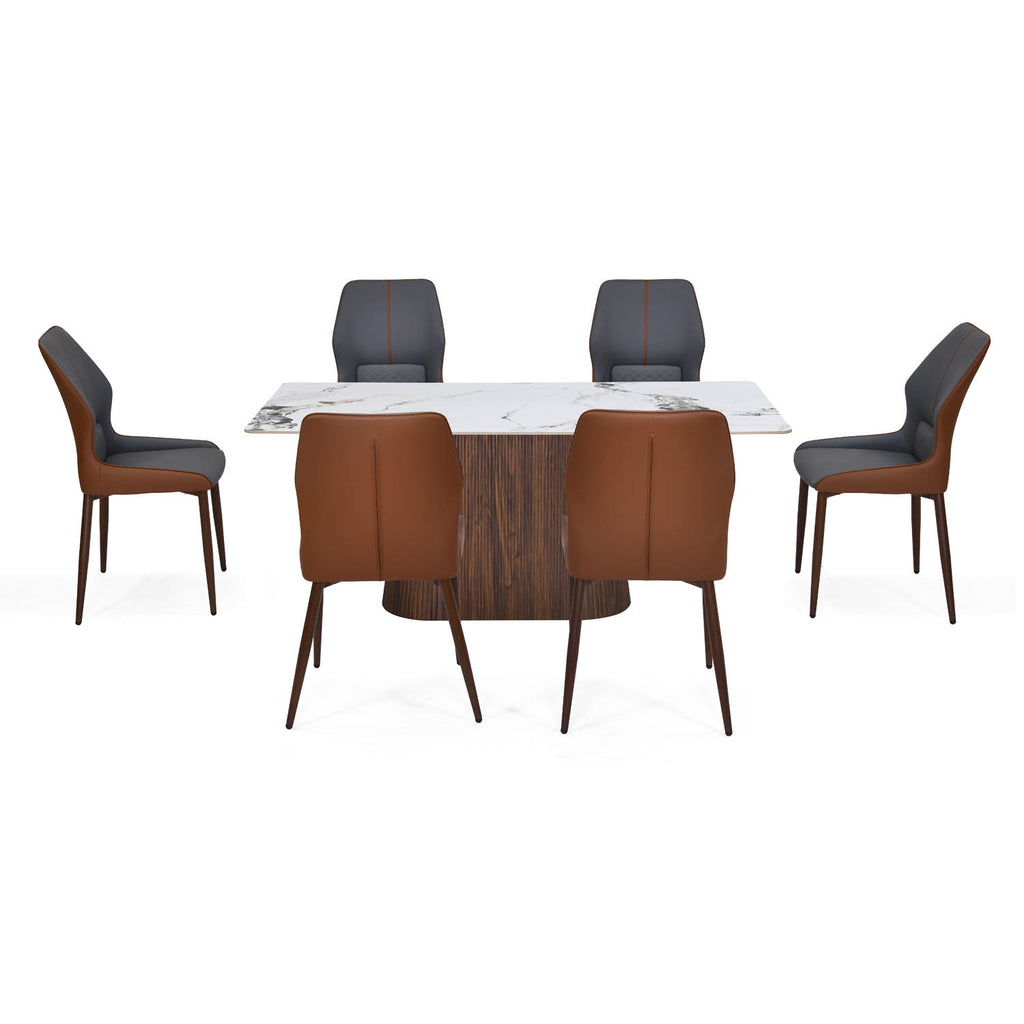 6 Seater Alune Ceramic Dining Set with Flinda Base and Ellipse Chairs- Ash White