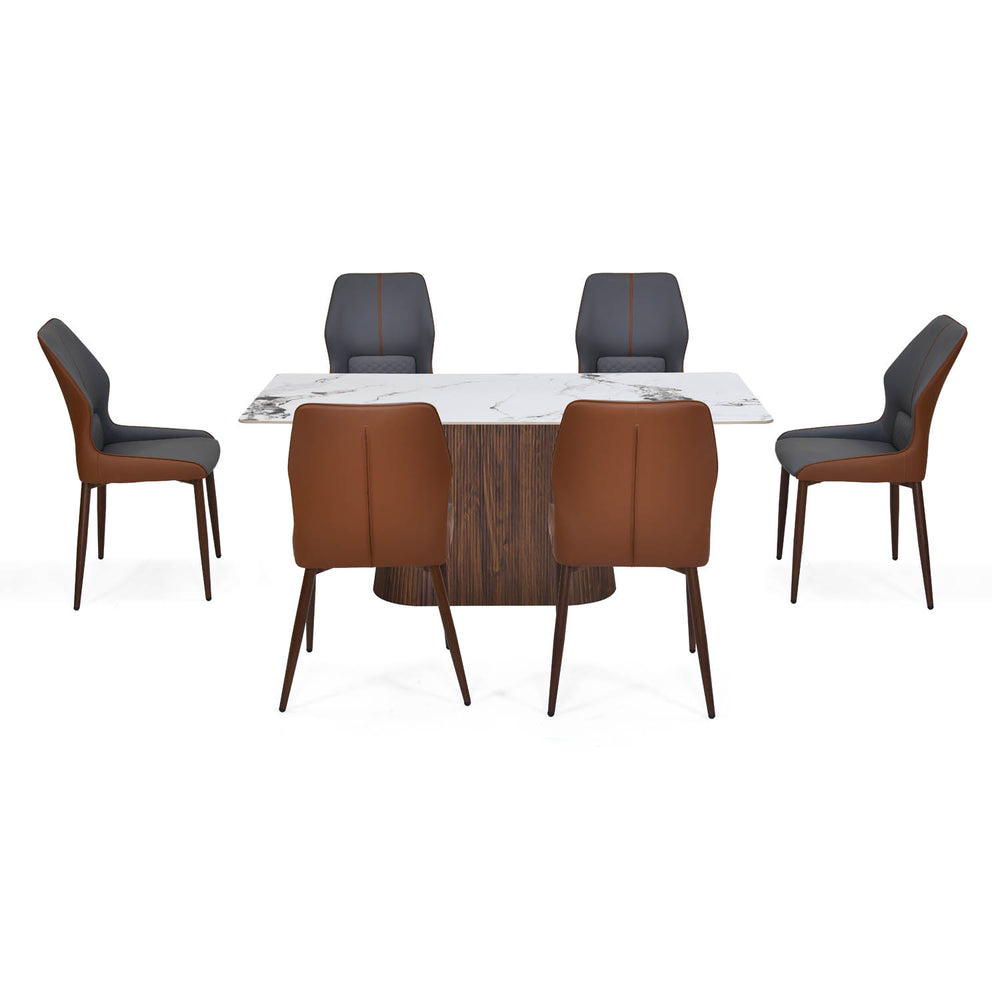 6 Seater Alune Ceramic Dining Set with Flinda Base and Ellipse Chairs- Ash White