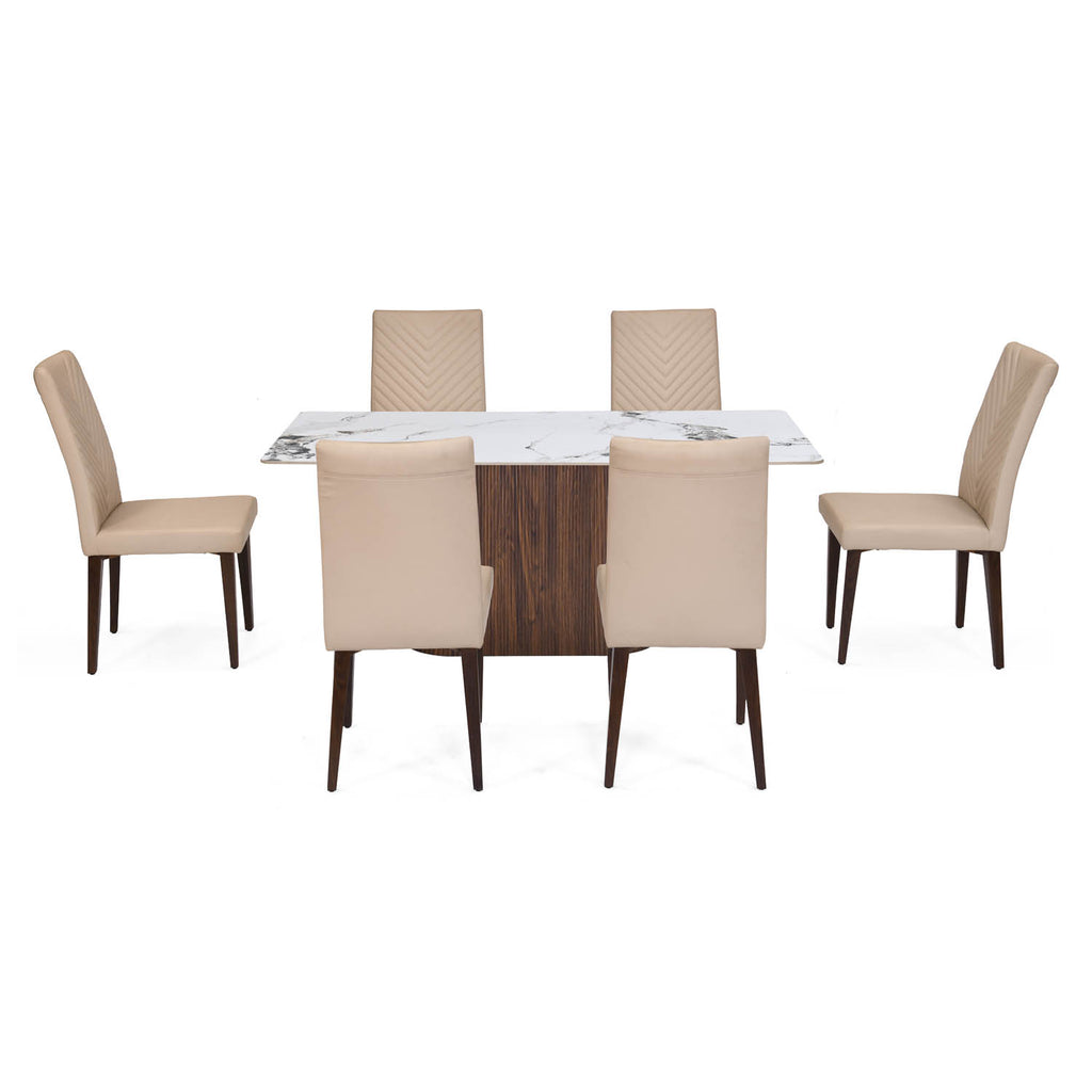 6 Seater Alune Ceramic Dining Set with Flinda Base and Linzy Chairs- Ash White