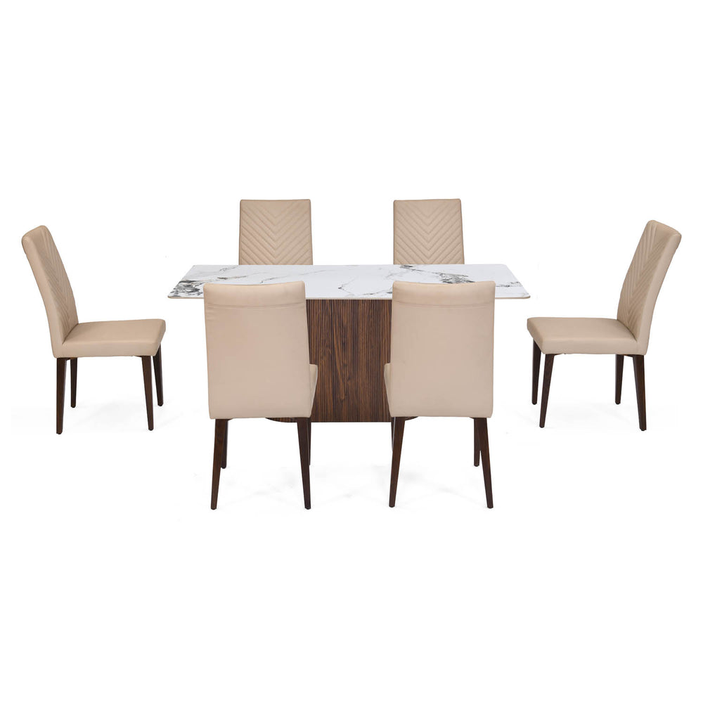 6 Seater Alune Ceramic Dining Set with Flinda Base and Linzy Chairs- Ash White