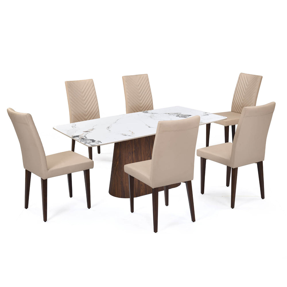 6 Seater Alune Ceramic Dining Set with Flinda Base and Linzy Chairs- Ash White
