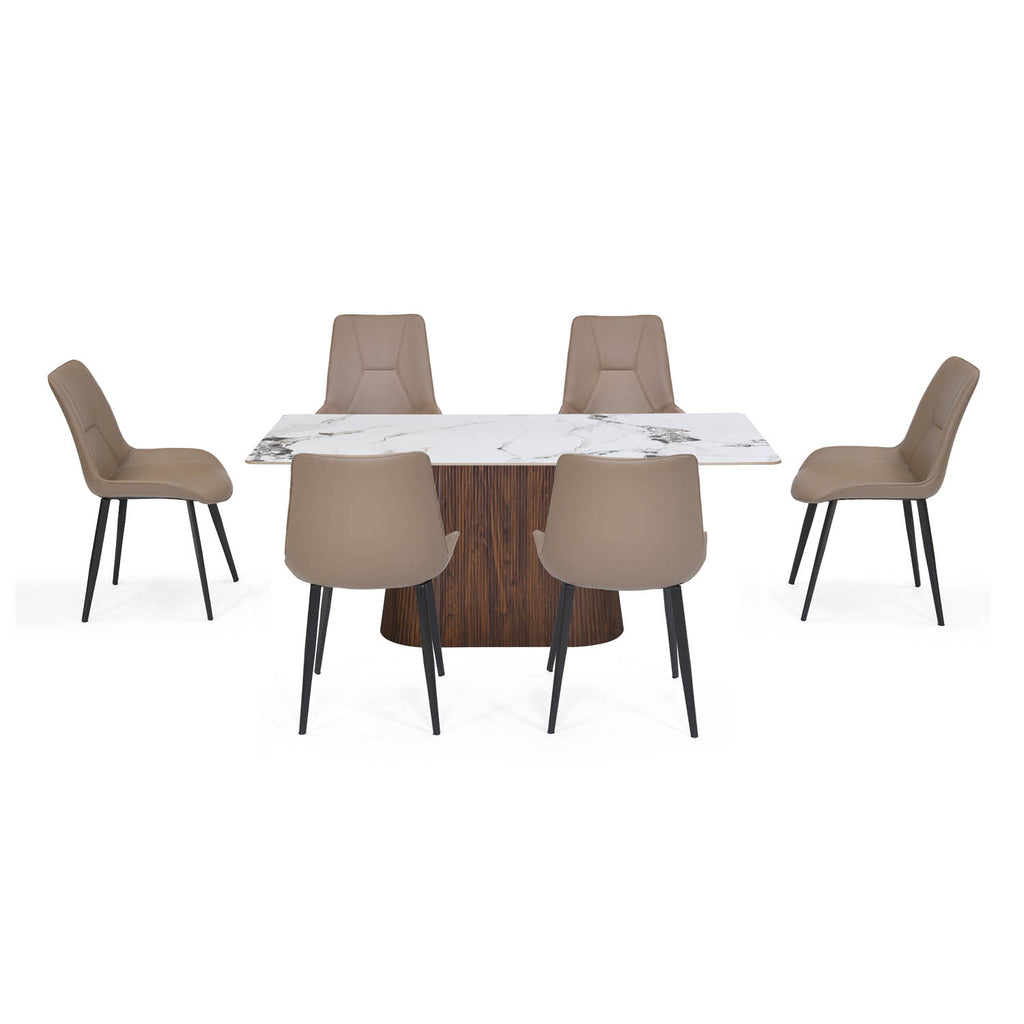6 Seater Alune Ceramic Dining Set with Flinda Base and Nivo Chairs- Ash White