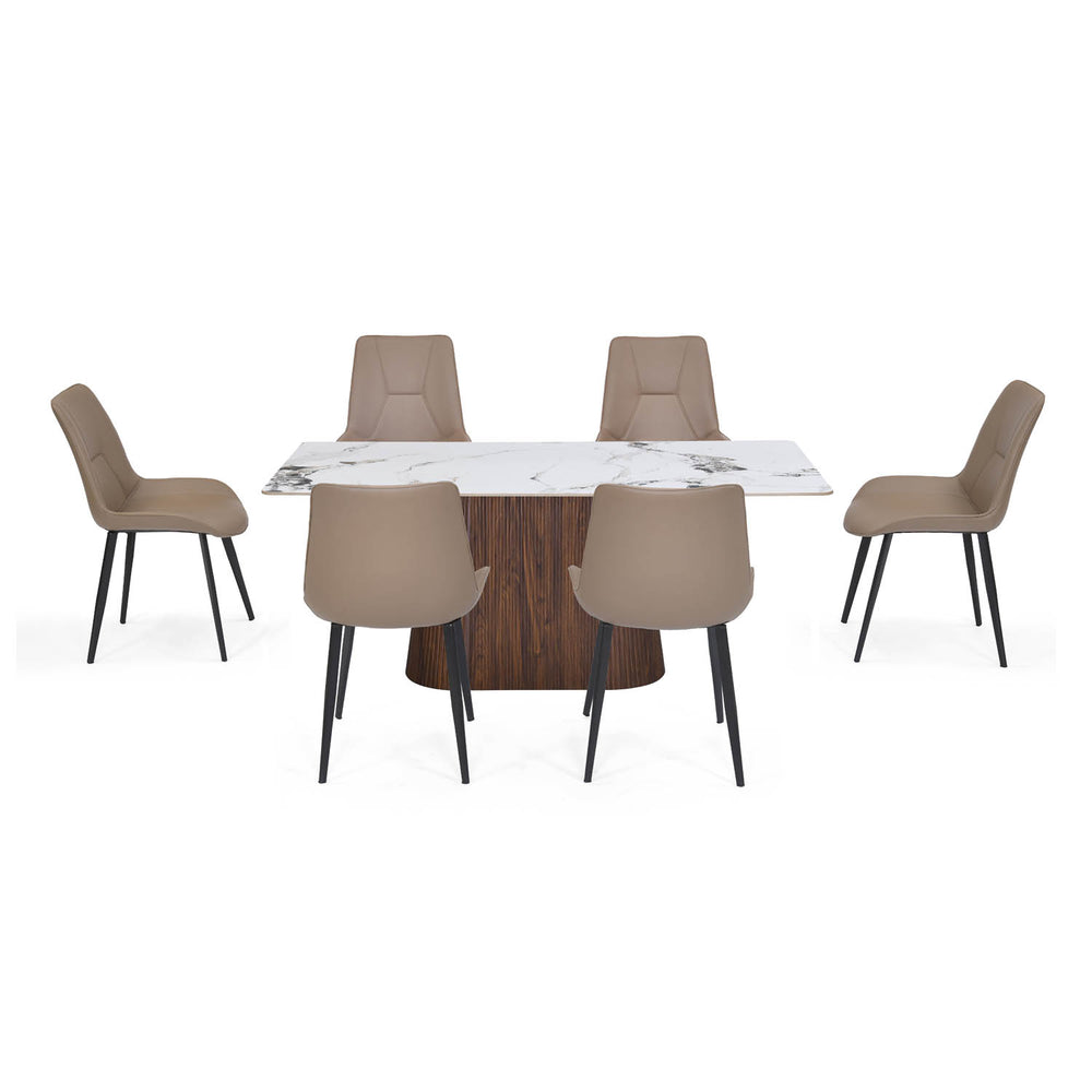 6 Seater Alune Ceramic Dining Set with Flinda Base and Nivo Chairs- Ash White