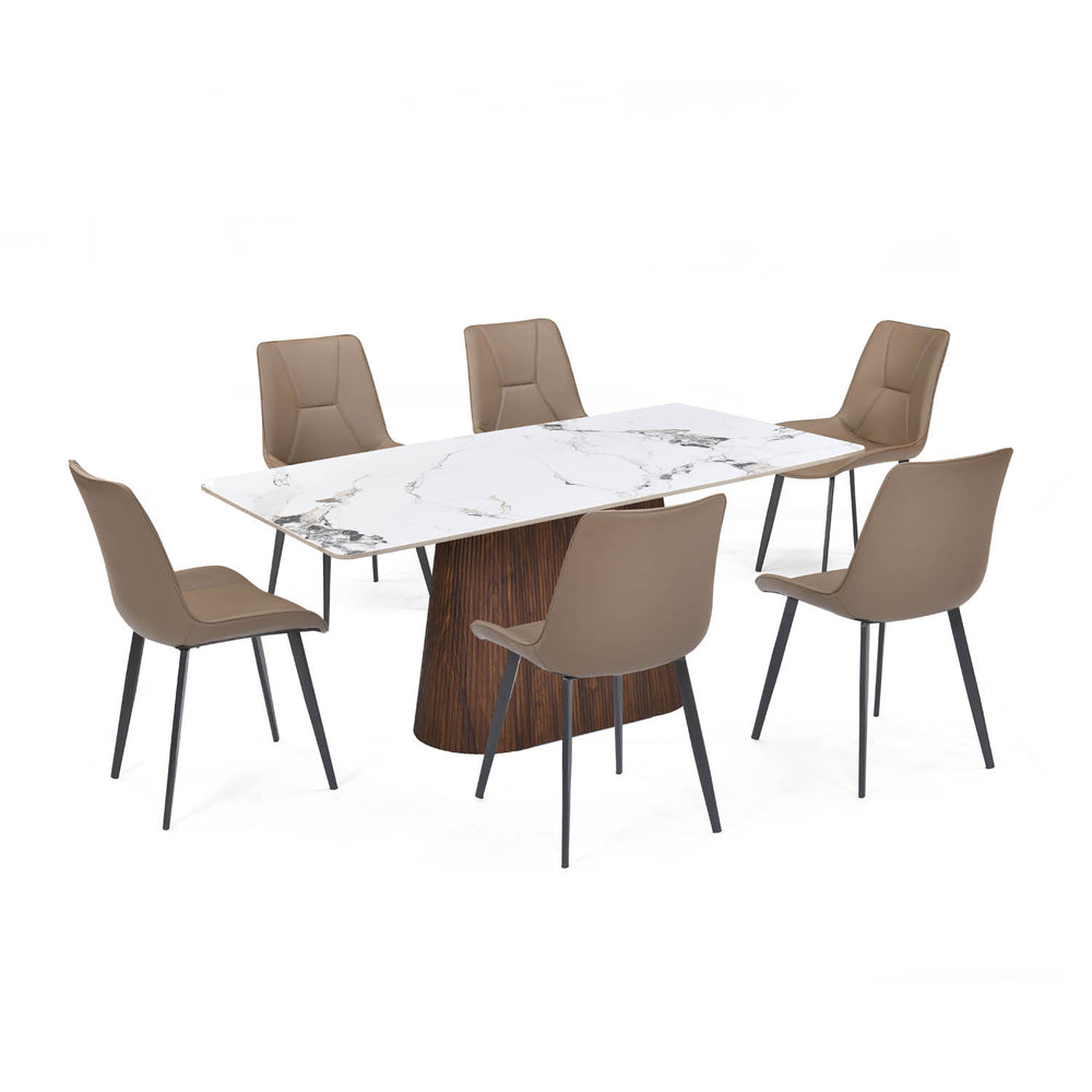 6 Seater Alune Ceramic Dining Set with Flinda Base and Nivo Chairs- Ash White