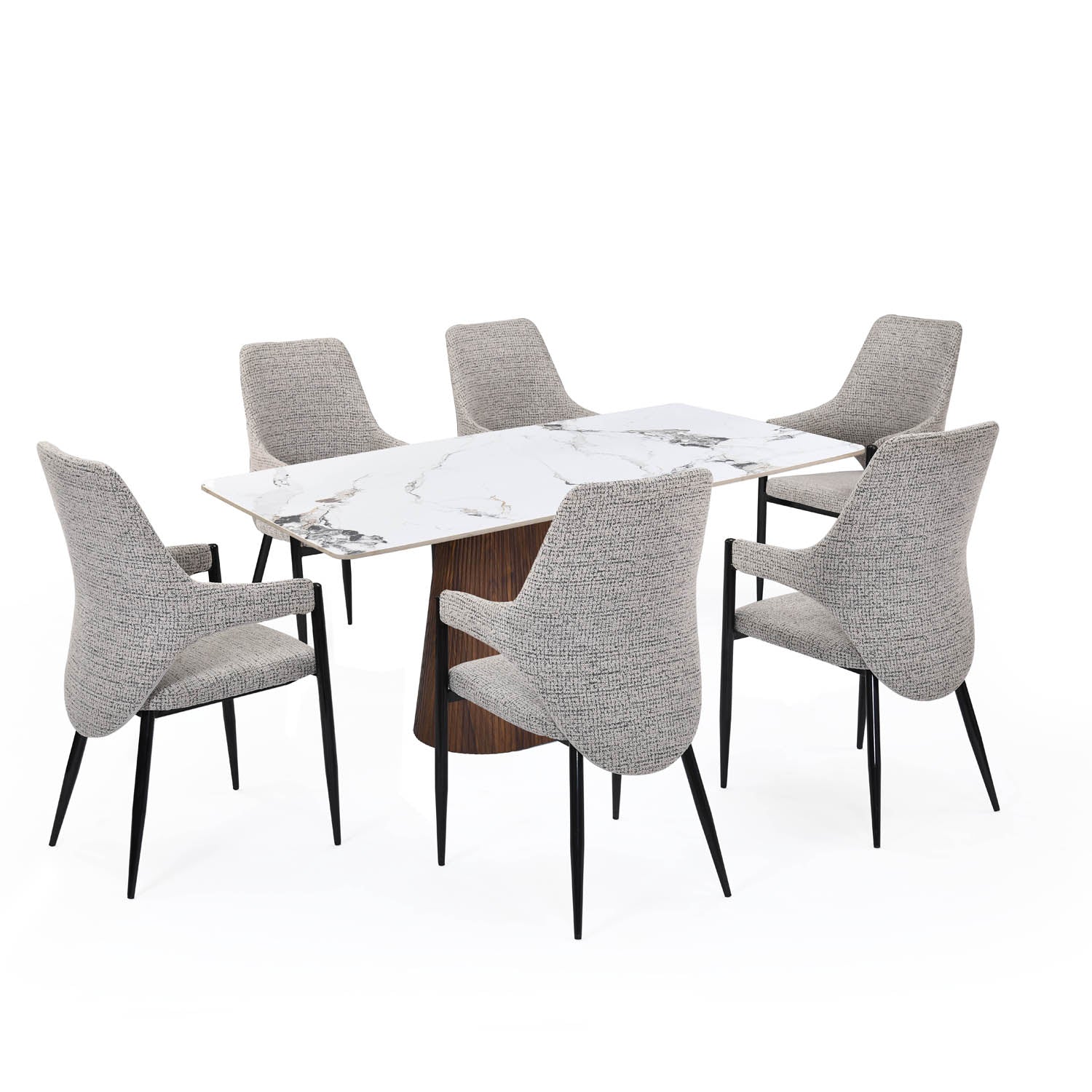 6 Seater Allune Ceramic Dining Set with Flinda Base and Tierra Chairs- Ash White