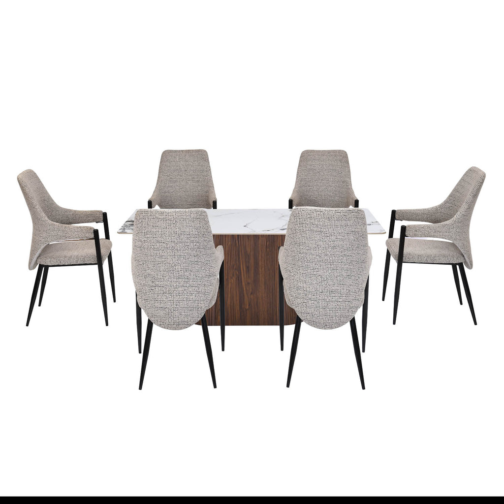 6 Seater Alune Ceramic Dining Set with Flinda Base and Tierra Chairs- Ash White