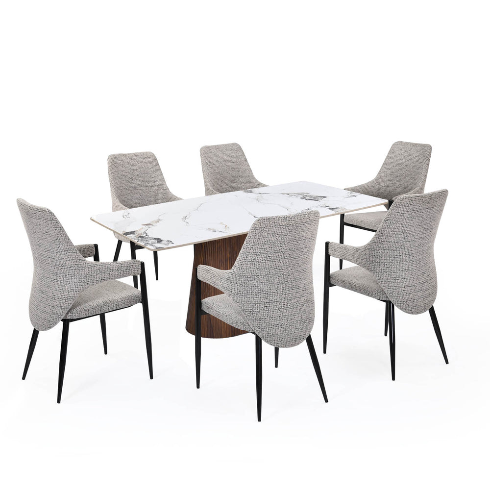 6 Seater Alune Ceramic Dining Set with Flinda Base and Tierra Chairs- Ash White