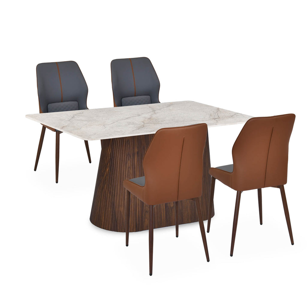 4 Seater Bevon Ceramic Dining Set with Flinda Base and Ellipse Chairs- Cloud Beige