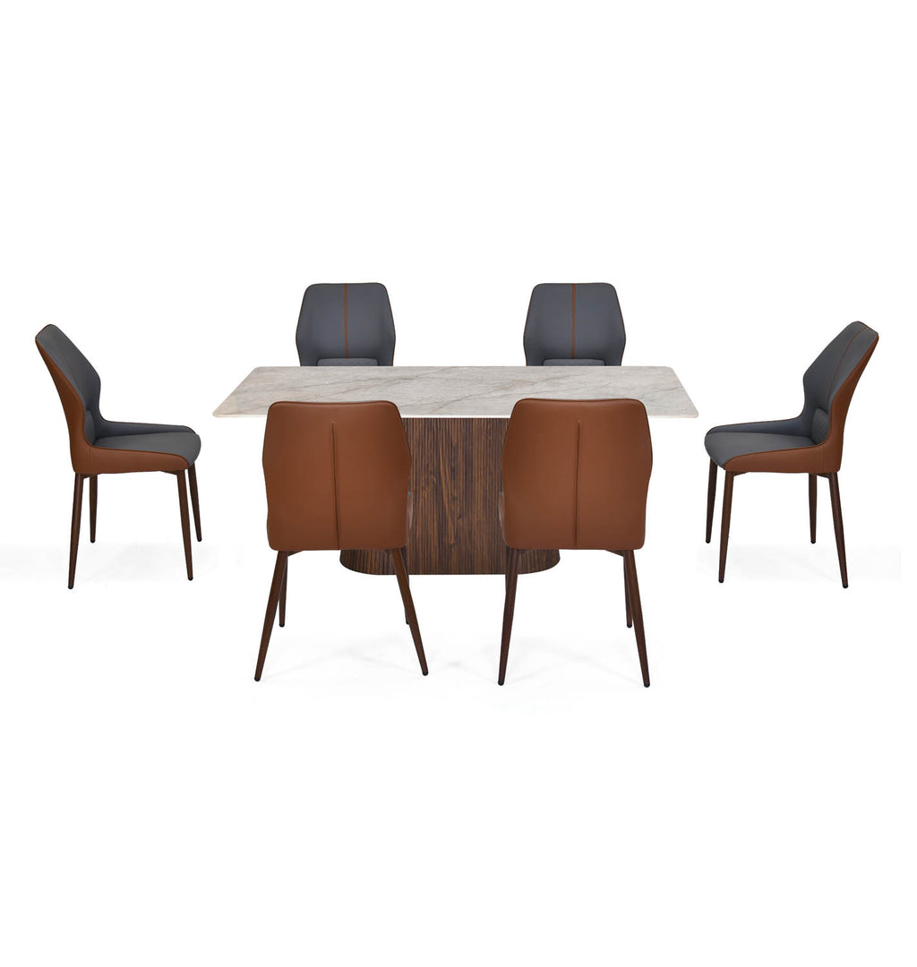 6 Seater Bevon Ceramic Dining Set with Flinda Base and Ellipse Chairs- Cloud Beige