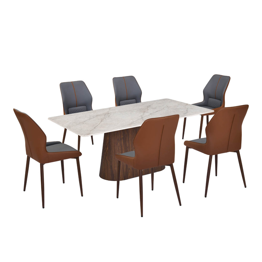 6 Seater Bevon Ceramic Dining Set with Flinda Base and Ellipse Chairs- Cloud Beige