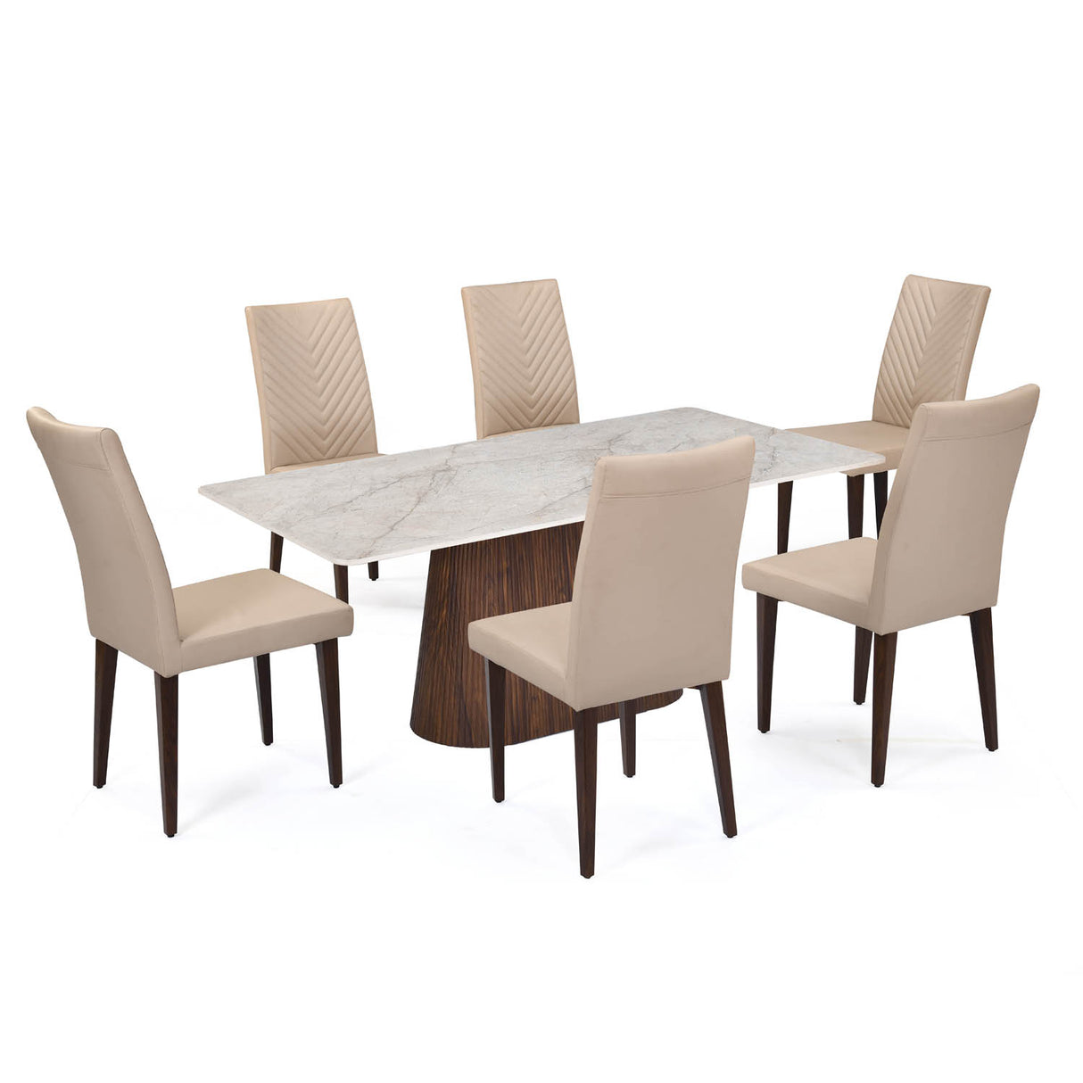 6 Seater Bevon Ceramic Dining Set with Flinda Base and Linzy Chairs- Cloud Beige