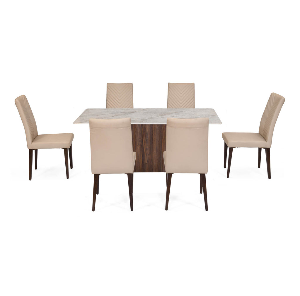 6 Seater Bevon Ceramic Dining Set with Flinda Base and Linzy Chairs- Cloud Beige