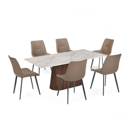 6 Seater Bevon Ceramic Dining Set with Flinda Base and Nivo Chairs- Cloud Beige