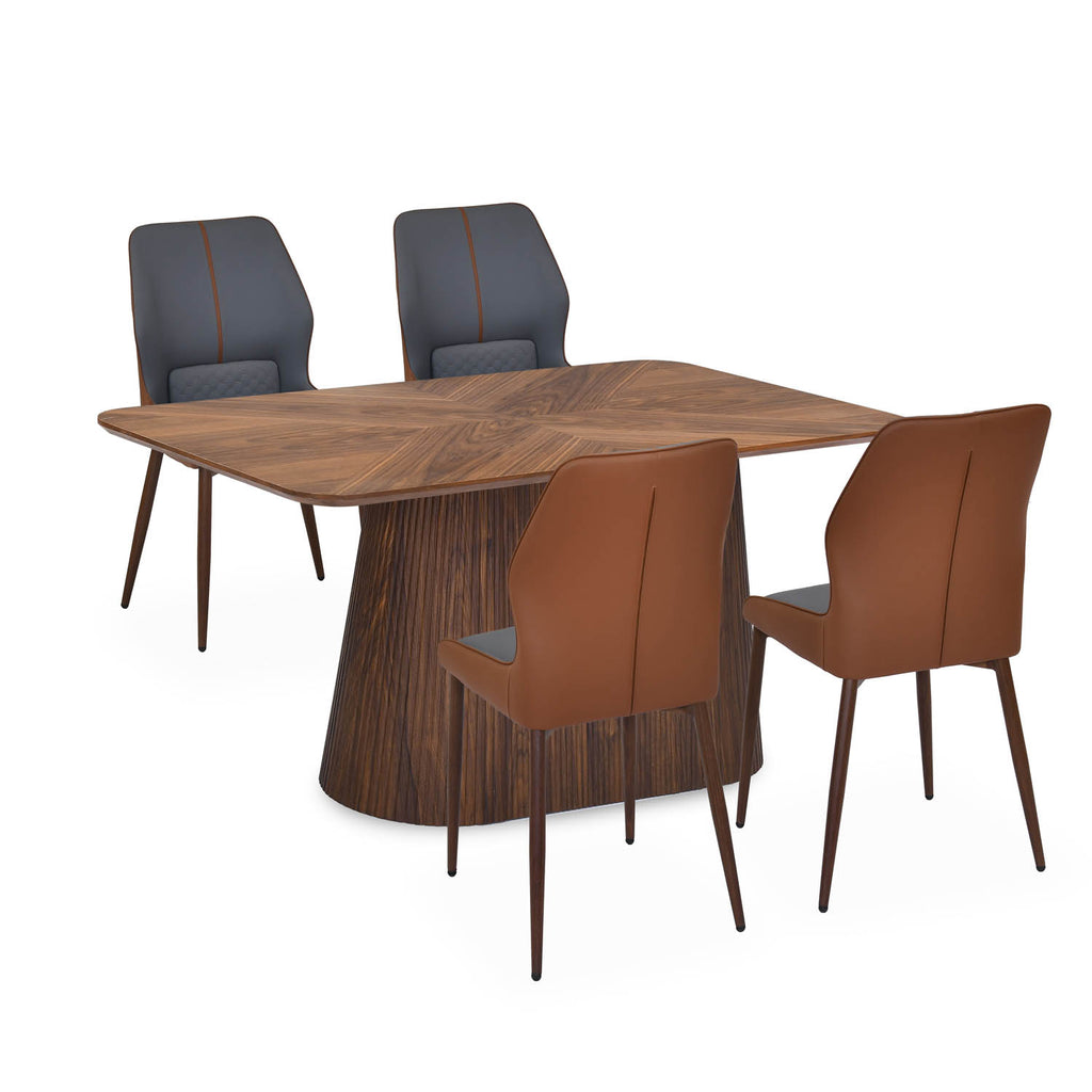 4 Seater Parquel Wooden Dining Set with Flinda Base and Ellipse Chairs- Walnut Brown