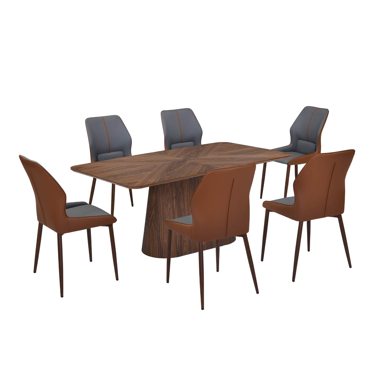 6 Seater Parquel Wooden Dining Set with Flinda Base and Ellipse Chairs- Walnut Brown