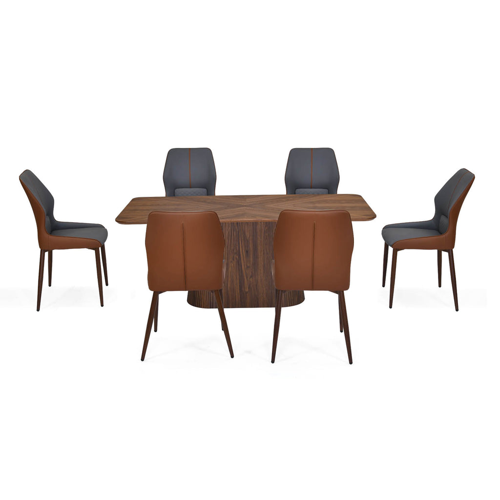 6 Seater Parquel Wooden Dining Set with Flinda Base and Ellipse Chairs- Walnut Brown