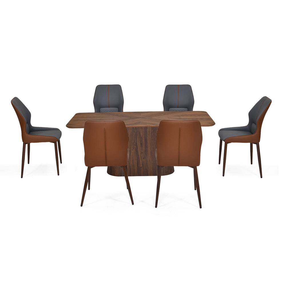 6 Seater Parquel Wooden Dining Set with Flinda Base and Ellipse Chairs- Walnut Brown