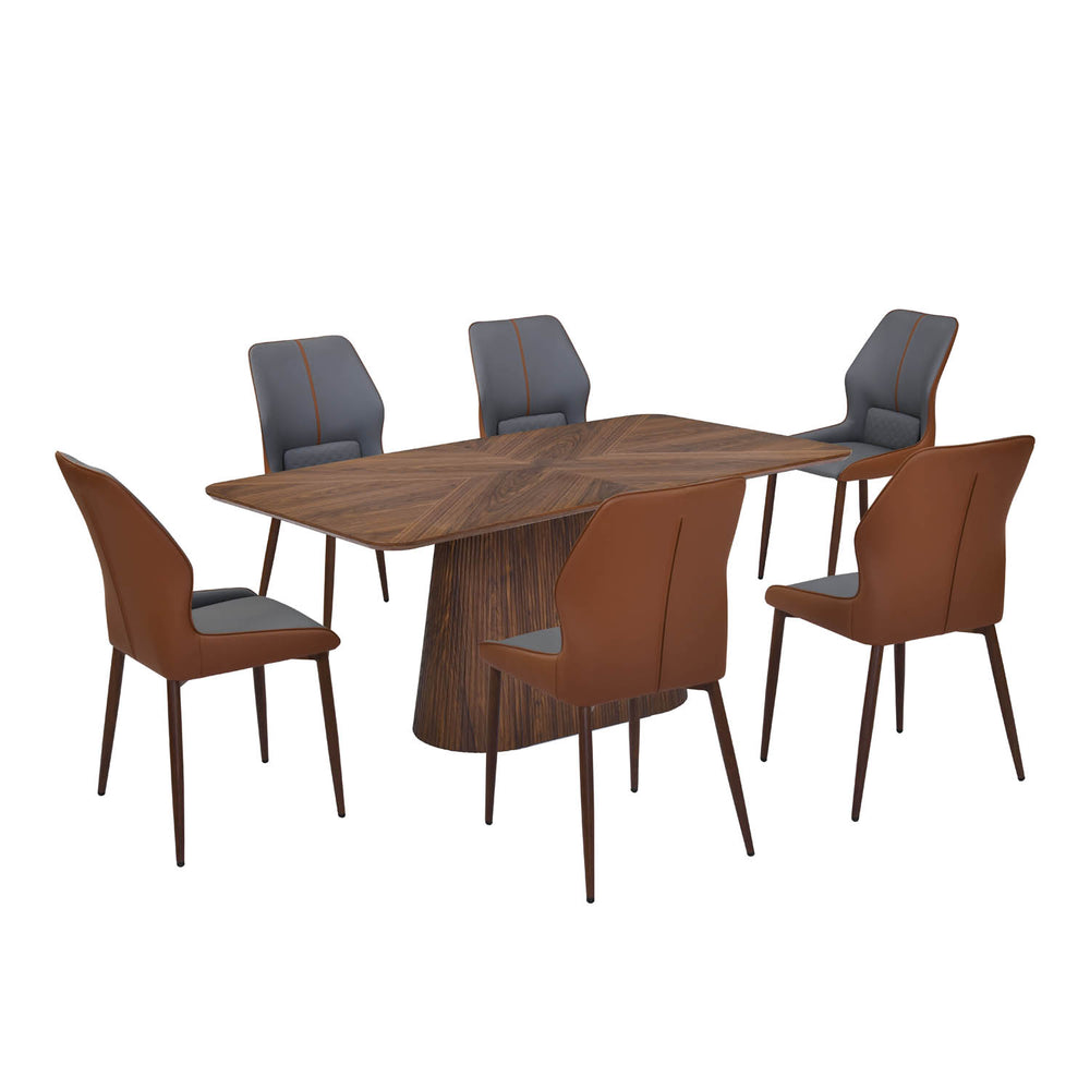 6 Seater Parquel Wooden Dining Set with Flinda Base and Ellipse Chairs- Walnut Brown