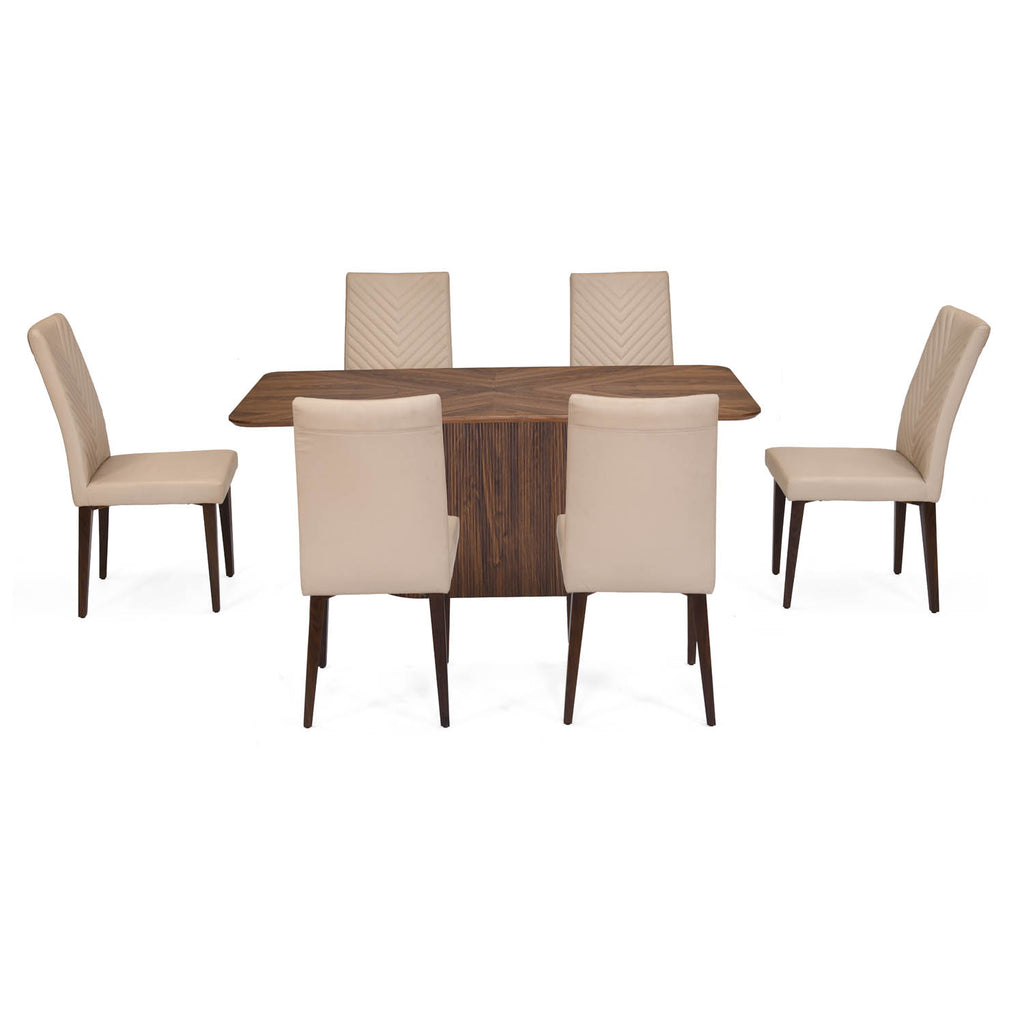 6 Seater Parquel Wooden Dining Set with Flinda Base and Linzy Chairs- Walnut Brown