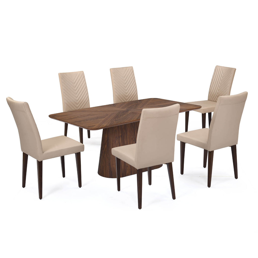 6 Seater Trava Marble Dining Set with Flinda Base and Linzy Chairs- Travertine