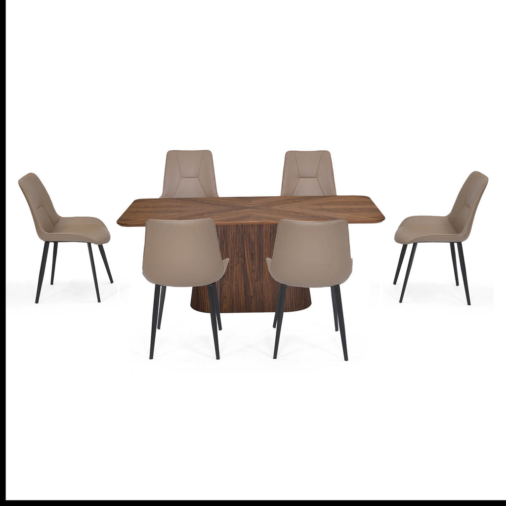 6 Seater Parquel Wooden Dining Set with Flinda Base and Nivo Chairs- Walnut Brown