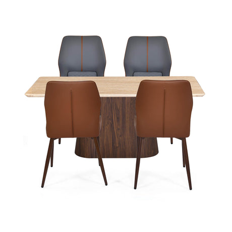 4 Seater Trava Marble Dining Set with Flinda Base and Ellipse Chairs- Travertine