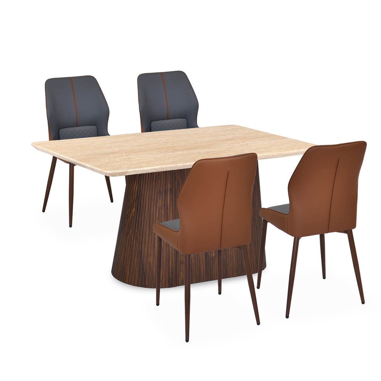 4 Seater Trava Marble Dining Set with Flinda Base and Ellipse Chairs- Travertine