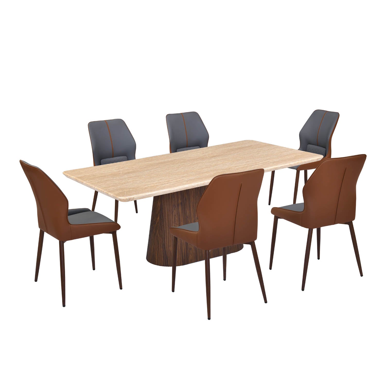 6 Seater Trava Marble Dining Set with Flinda Base and Ellipse Chairs- Travertine
