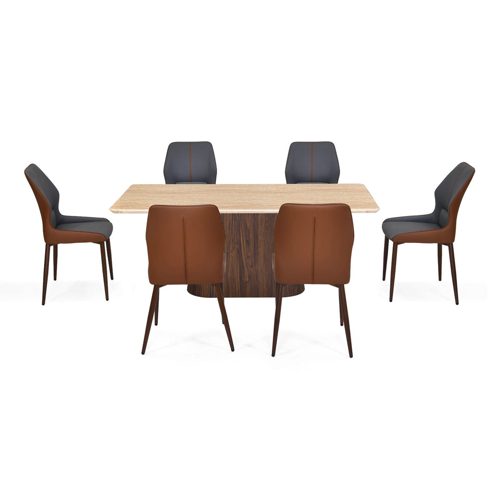 6 Seater Trava Marble Dining Set with Flinda Base and Ellipse Chairs- Travertine