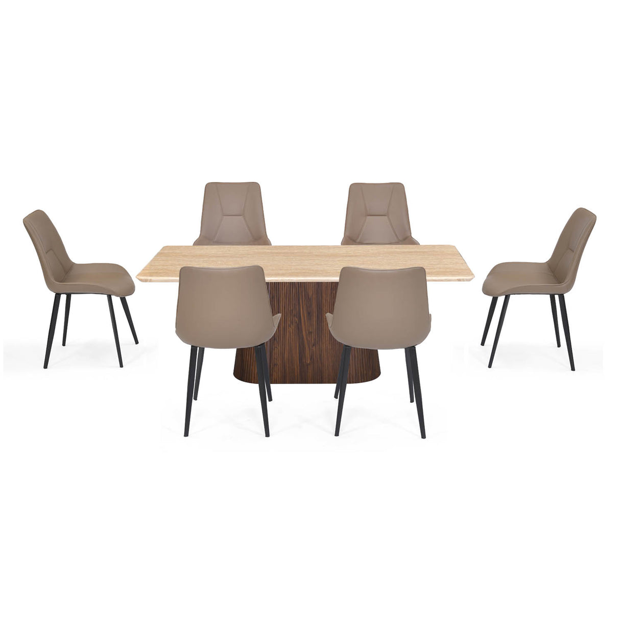 6 Seater Trava Marble Dining Set with Flinda Base and Nivo Chairs- Travertine