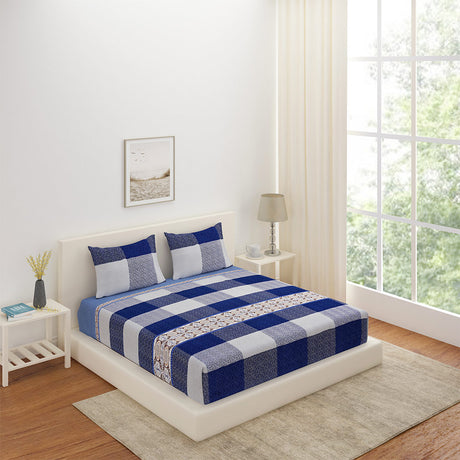 Nilkamal Checkered Polyester King Bedsheet with 2 Pillow Covers (Blue)