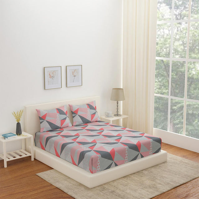 Nilkamal Arias by Lara Dutta Geometric Cotton King Bedsheet With 2 Pillow Covers (Grey)