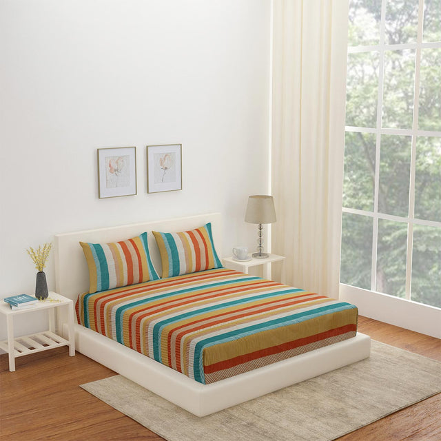 Nilkamal Arias by Lara Dutta Striped Cotton King Bedsheet With 2 Pillow Covers (Multicolor)