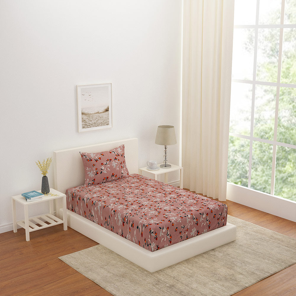 Floral Polyester Single Bedsheet with Pillow Cover (Brown