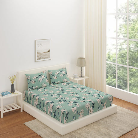 Nilkamal Floral Polyester Double Bedsheet with 2 Pillow Covers (Green)