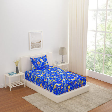 Nilkamal Floral Polyester Single Bedsheet with 1 Pillow Cover (Indigo)